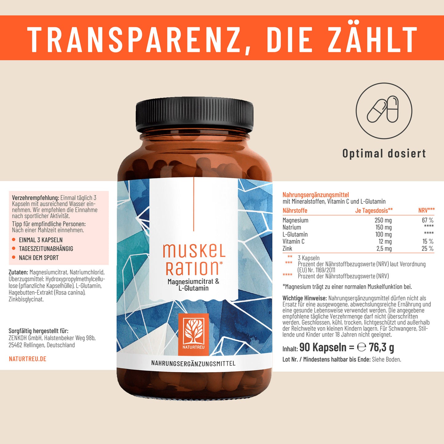 Muskelration Magnesiumcitrat L-Glutamin Etikett