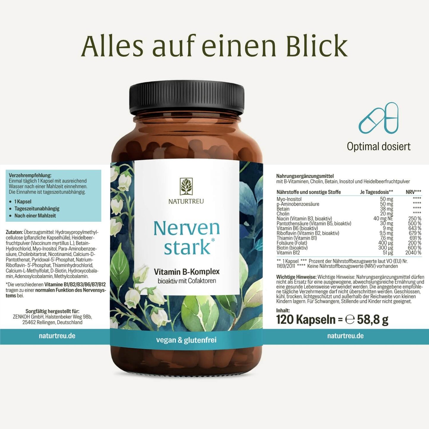 Etikett Nervenstark Vitamin B Komplex von NATURTREU: Nährwertangaben, Inhaltsstoffe + Verzehrempfehlung.