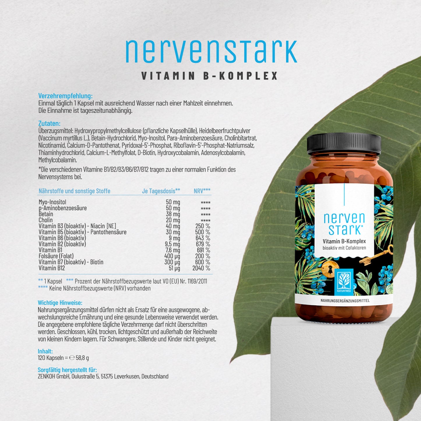 Etikett Nervenstark Vitamin B Komplex von NATURTREU: Nährwertangaben, Inhaltsstoffe + Verzehrempfehlung.