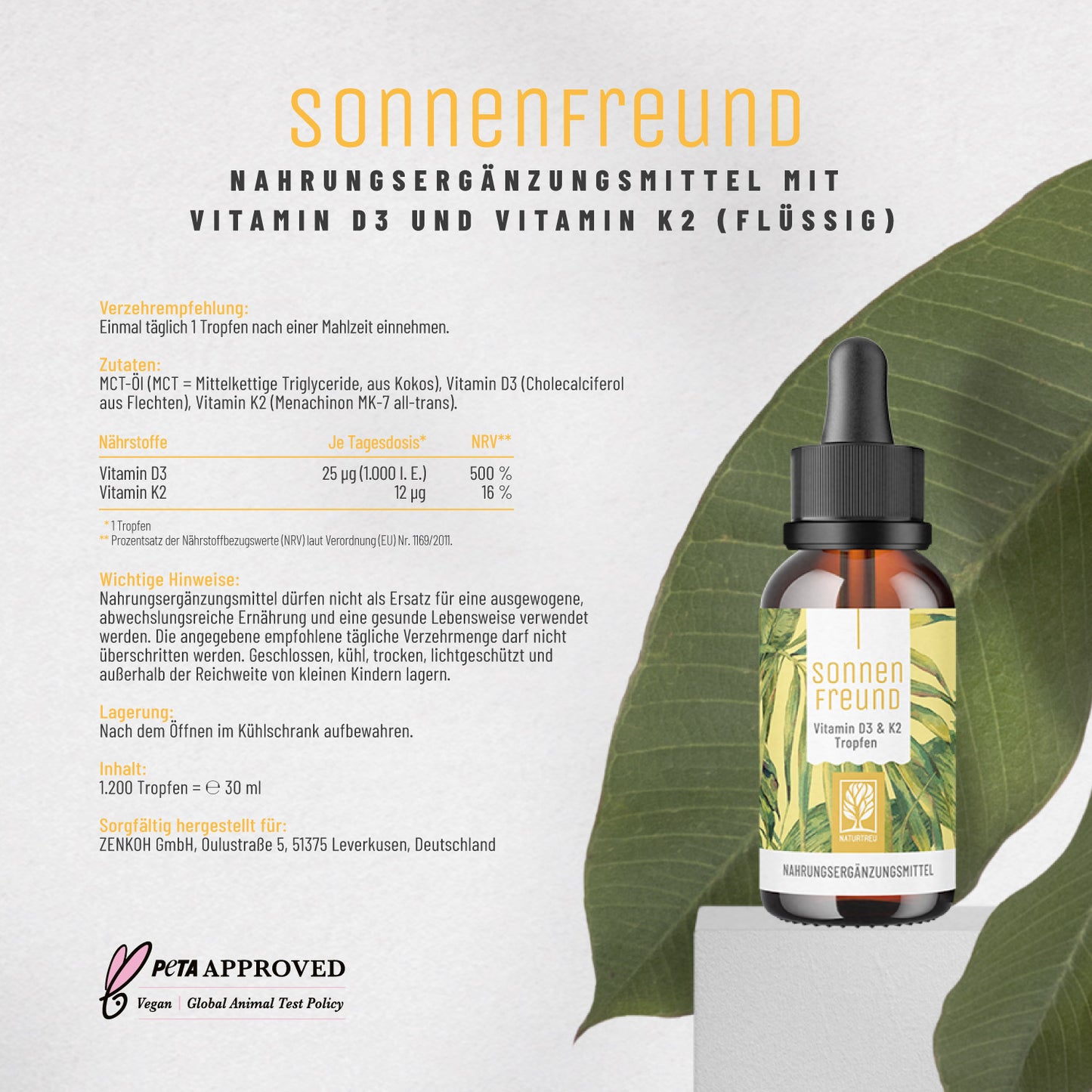 Etikett Sonnenfreund Vitamin D3 K2 Tropfen von NATURTREU: Nährwertangaben, Inhaltsstoffe + Verzehrempfehlung.
