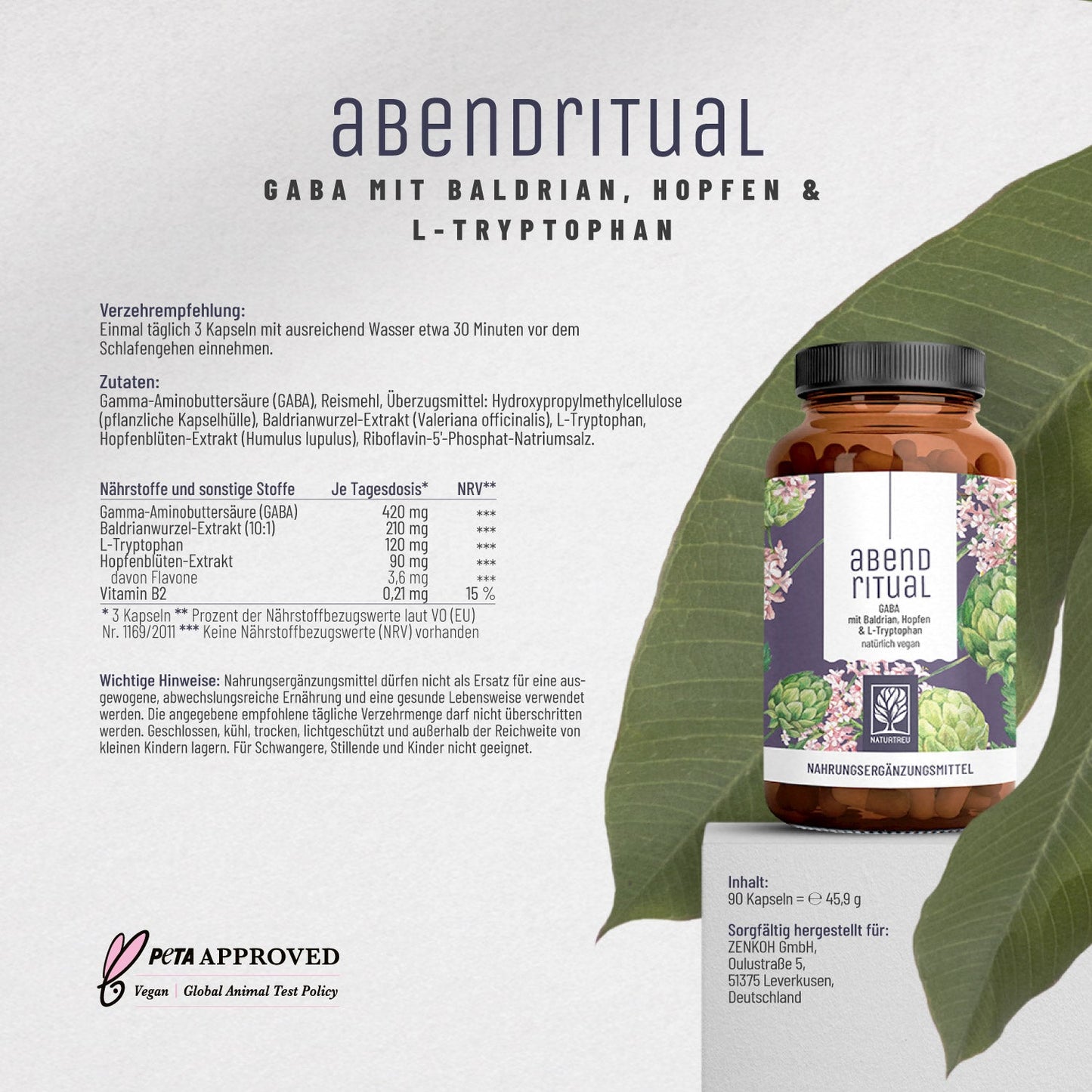 Abendritual GABA Baldrian Hopfen L-Tryptophan Etikett 