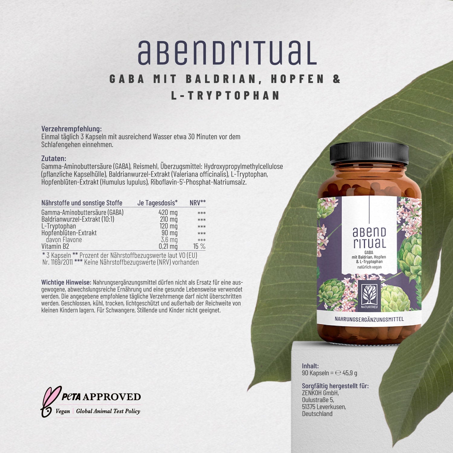 Abendritual GABA Baldrian Hopfen L-Tryptophan Etikett 