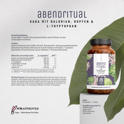 Abendritual GABA Baldrian Hopfen L-Tryptophan Etikett 