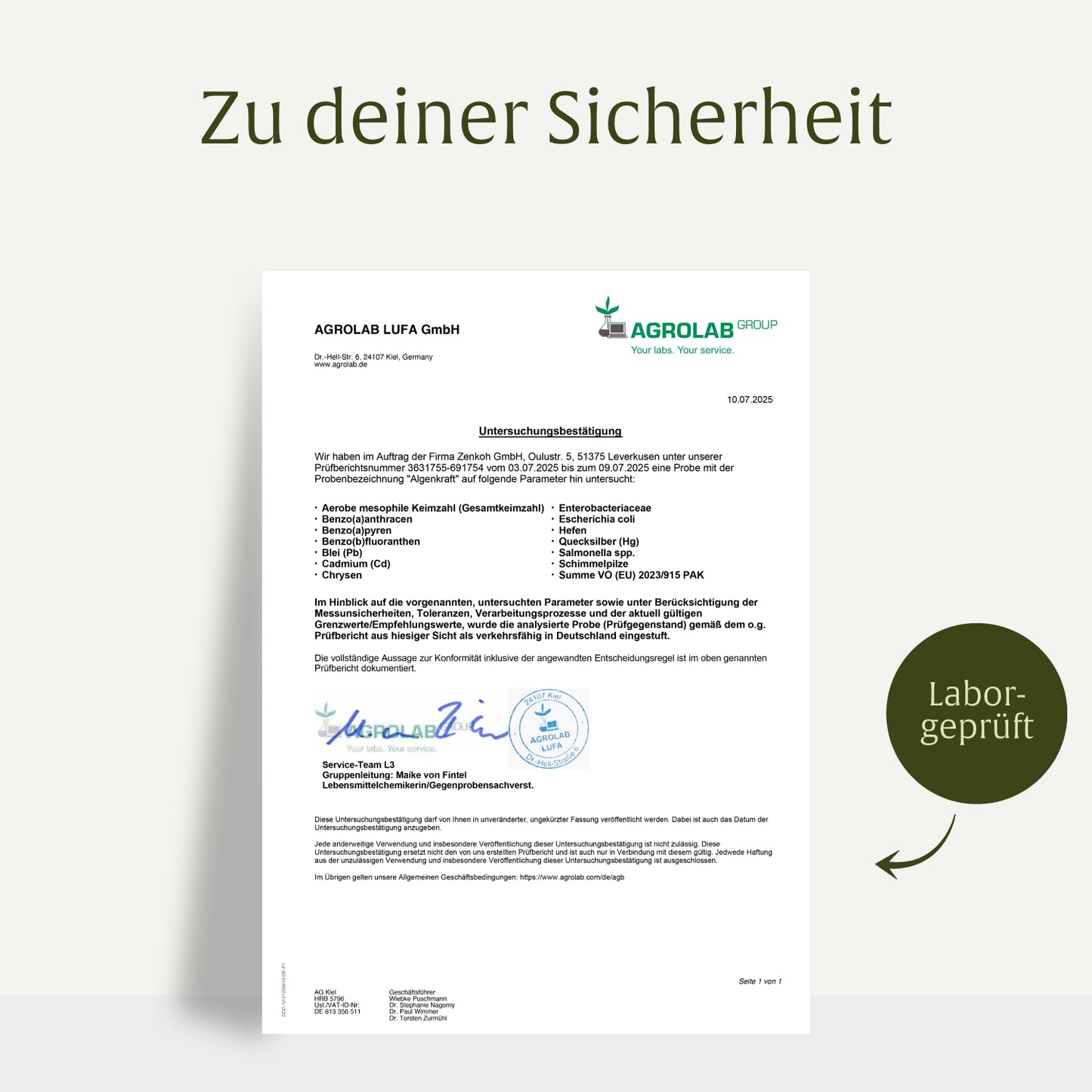 Laborzertifikat für NATURTREU Algenkraft – Qualitätsprüfung und Reinheit bestätigt  