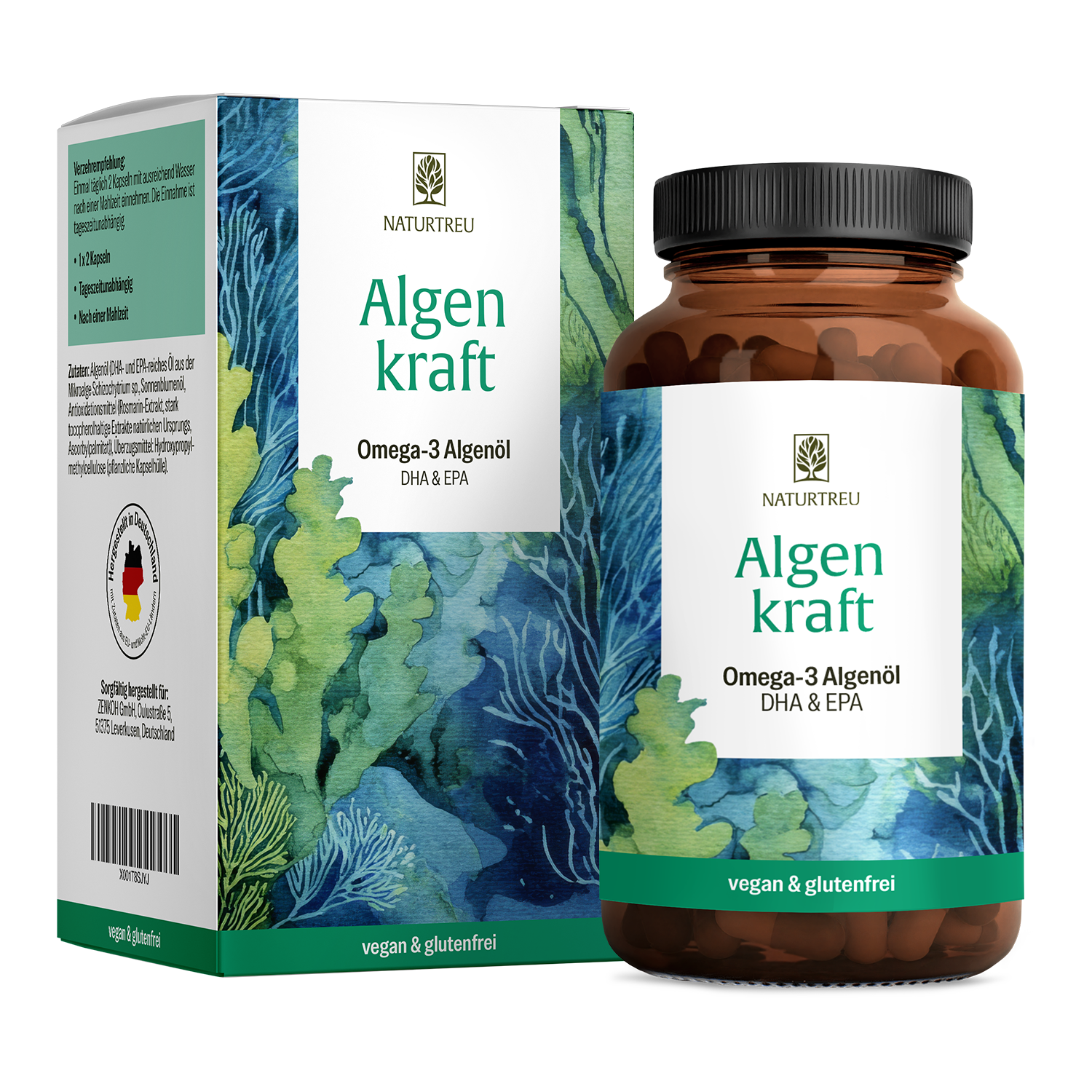 Algenkraft von NATURTREU, 60 Omega 3 Algenöl Kapseln DHA & EPA für 30 Tage