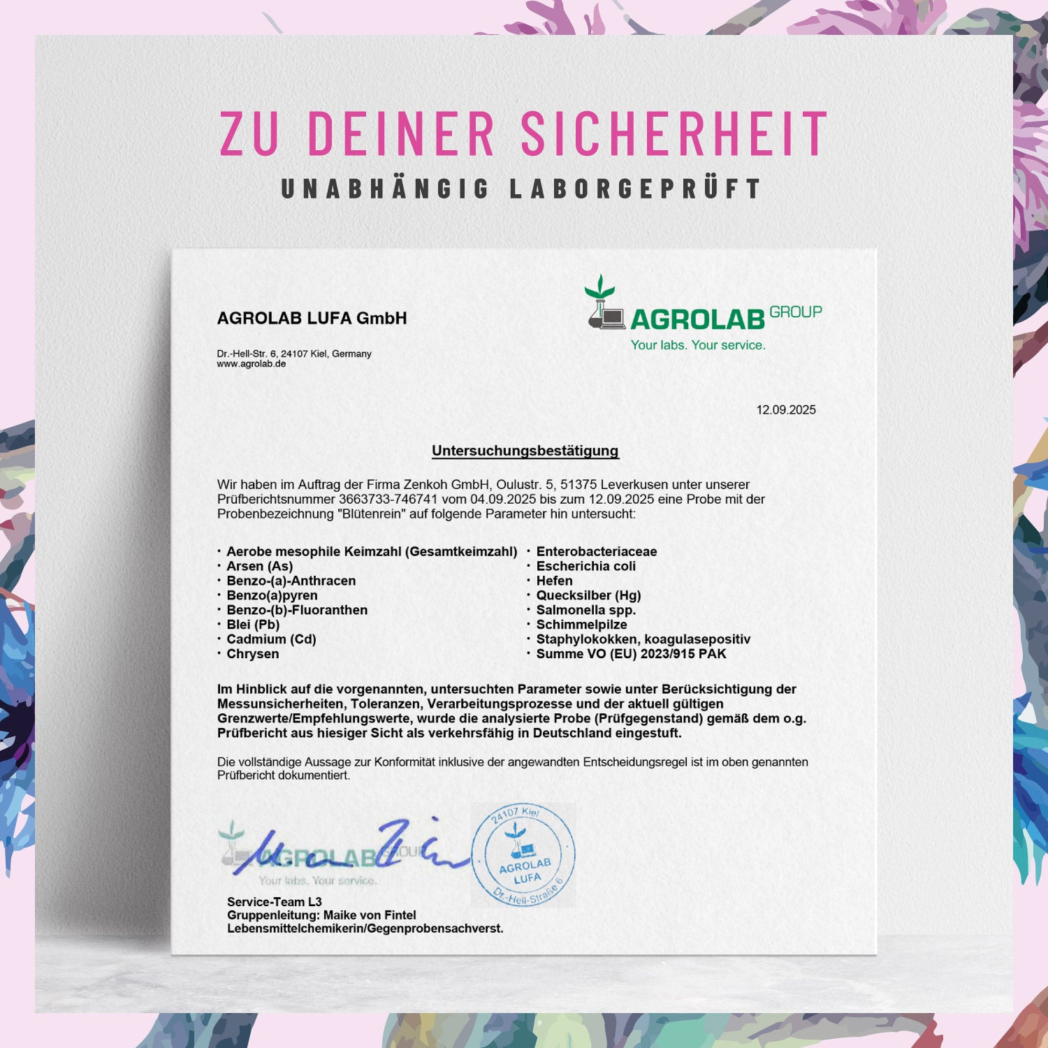 Laborzertifikat für NATURTREU Blütenrein – Qualitätsprüfung und Reinheit bestätigt  