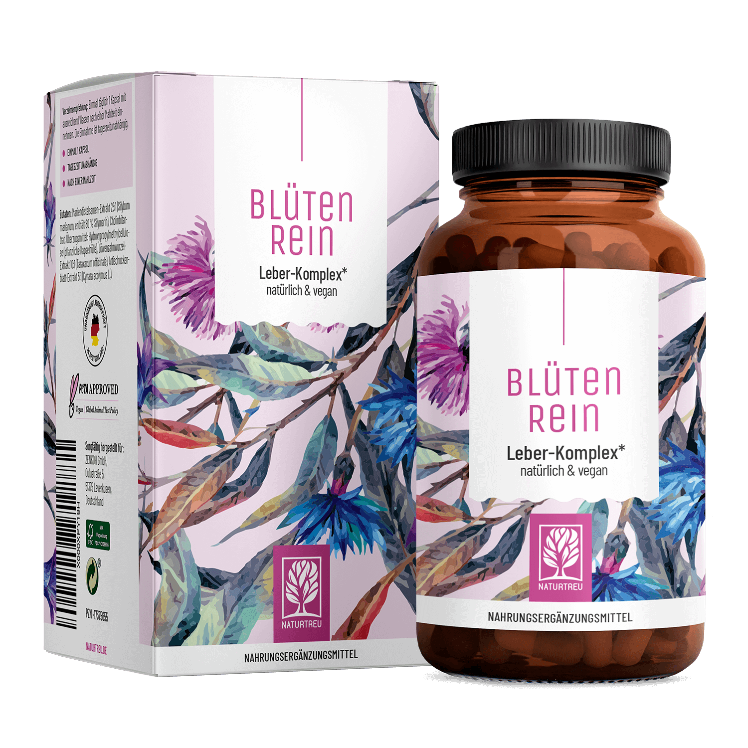 Blütenrein von NATURTREU – mit Mariendistel, Löwenzahn, Artischocke & Cholin – 120 Leber Komplex Kapseln für 4 Monate 