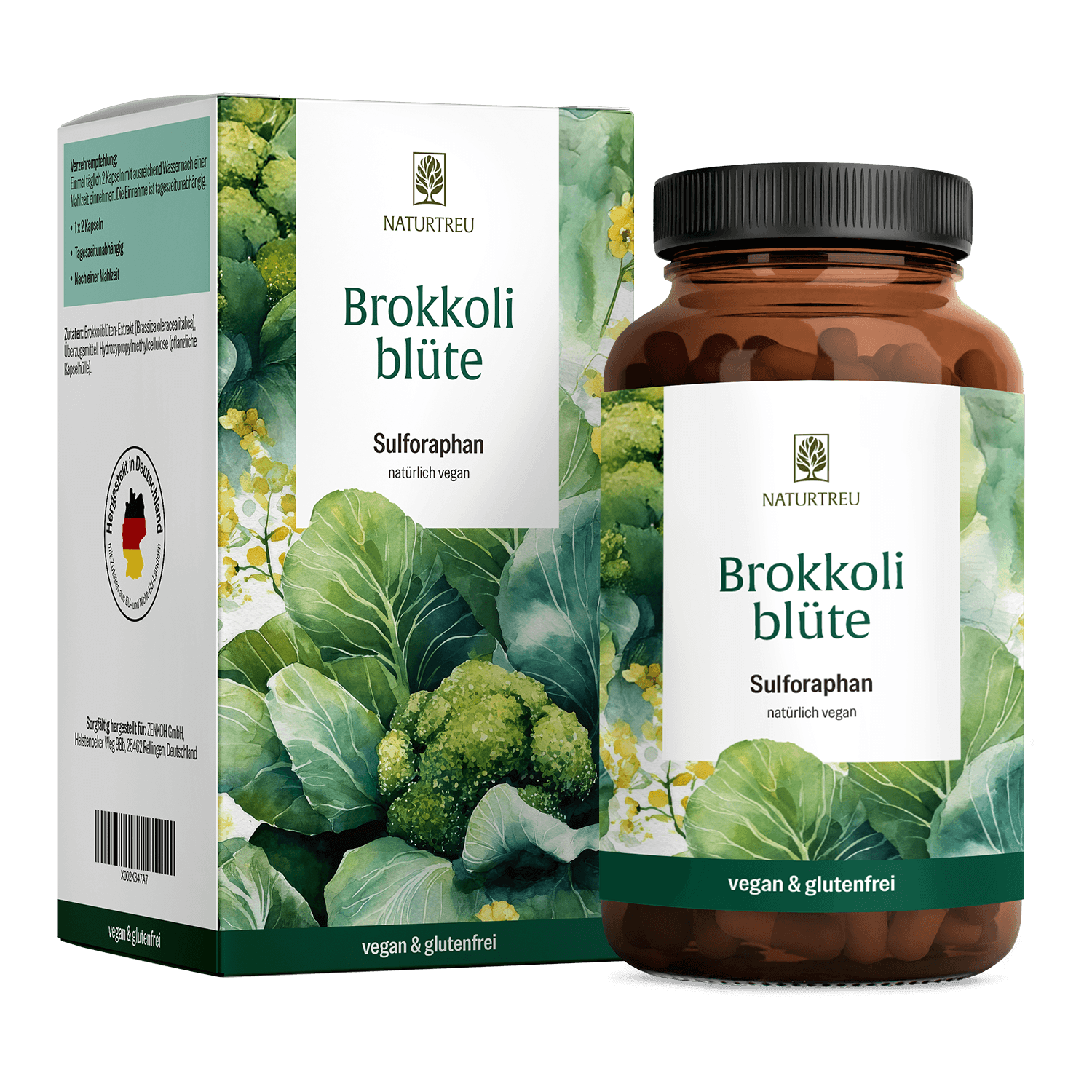 Brokkoliblüte Sulforaphan von Naturtreu – brauner Glastiegel und Faltschachtel mit botanischem Brokkolimotiv, Hinweis "vegan und glutenfrei", hergestellt in Deutschland.