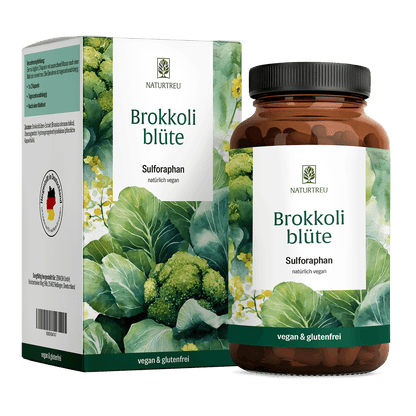 Brokkoliblüte Sulforaphan von Naturtreu – brauner Glastiegel und Faltschachtel mit botanischem Brokkolimotiv, Hinweis "vegan und glutenfrei", hergestellt in Deutschland.