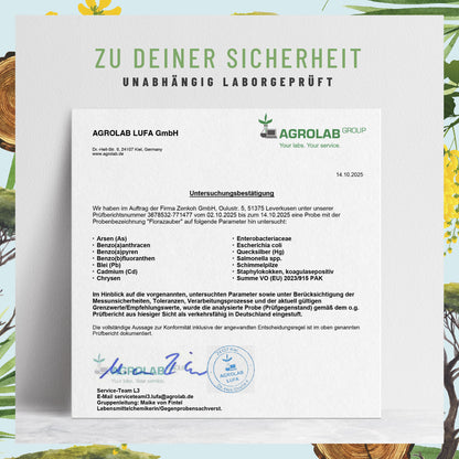 Laborzertifikat für NATURTREU Florazauber – Qualitätsprüfung und Reinheit bestätigt.