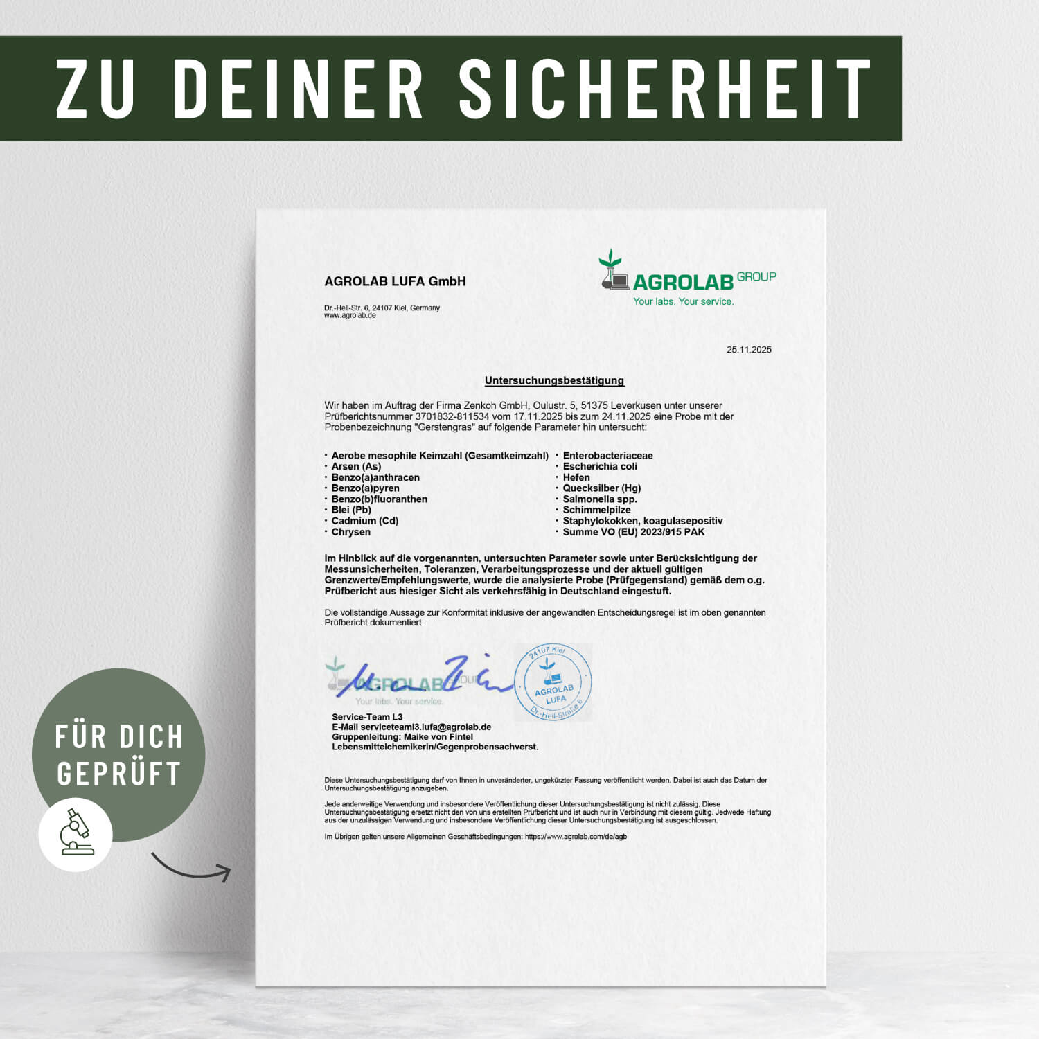 Gerstengras Creatives Onlineshop Laborzertifikat