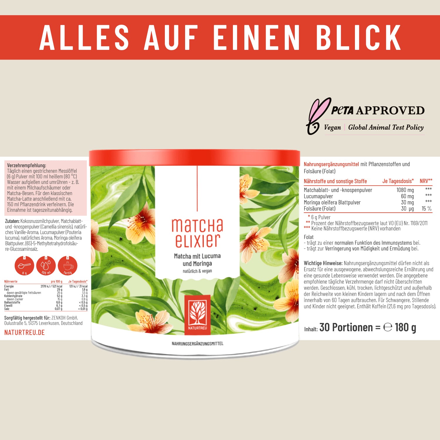 Matchaelixier Matcha Pulver Lucuma Morninga Etikett 01