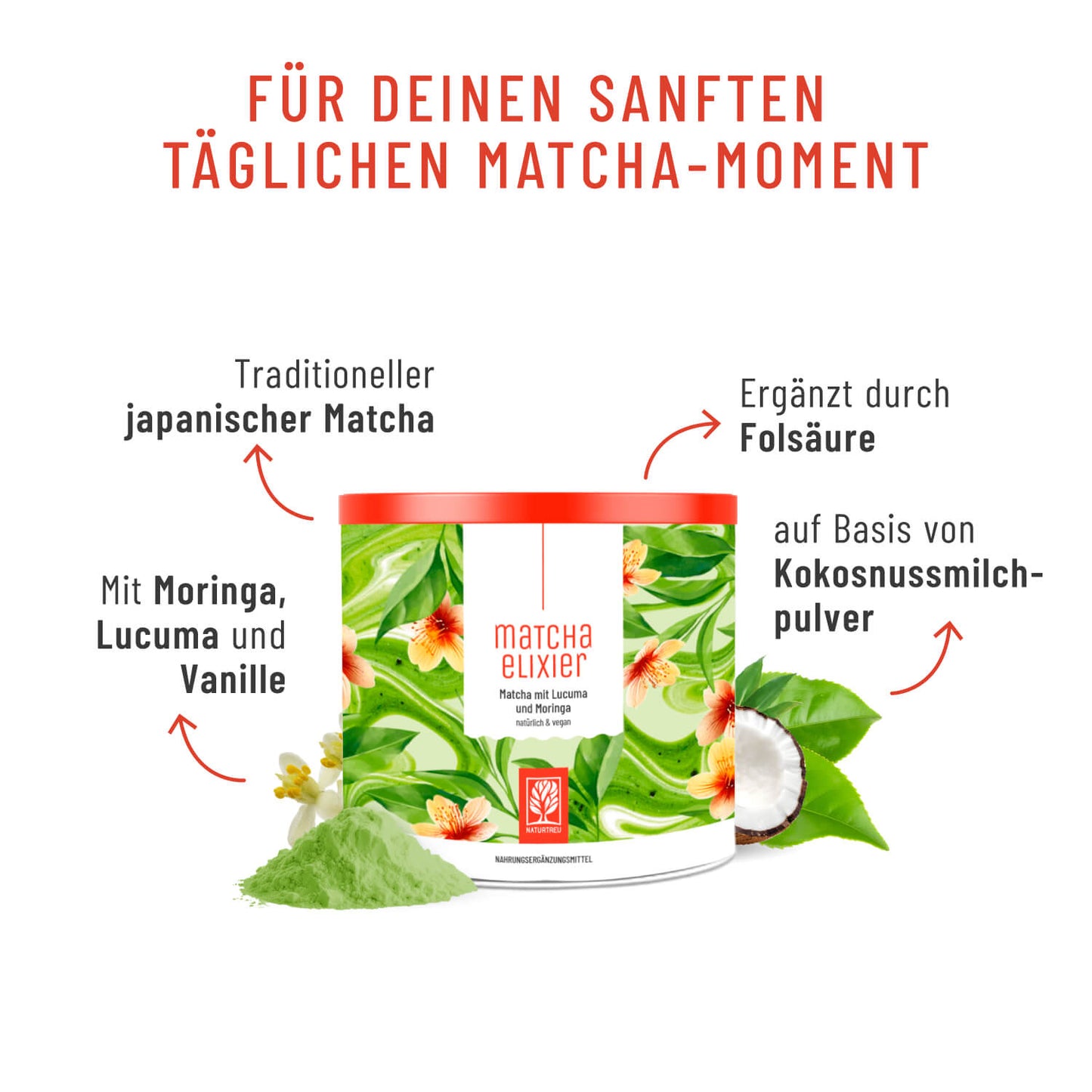 Matchaelixier Matcha Pulver Lucuma Morninga Hochwertige Inhaltsstoffe