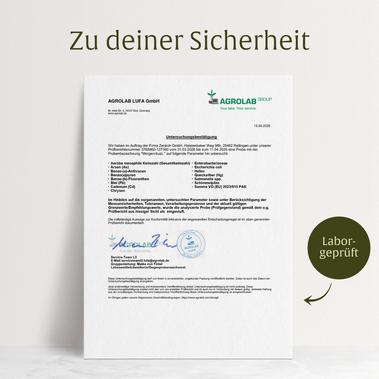Laborzertifikat für NATURTREU Morgenritual – Qualitätsprüfung und Reinheit bestätigt.