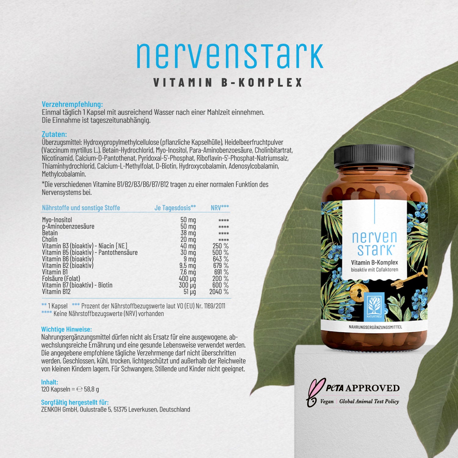 Etikett Nervenstark Vitamin B Komplex von NATURTREU: Nährwertangaben, Inhaltsstoffe + Verzehrempfehlung.