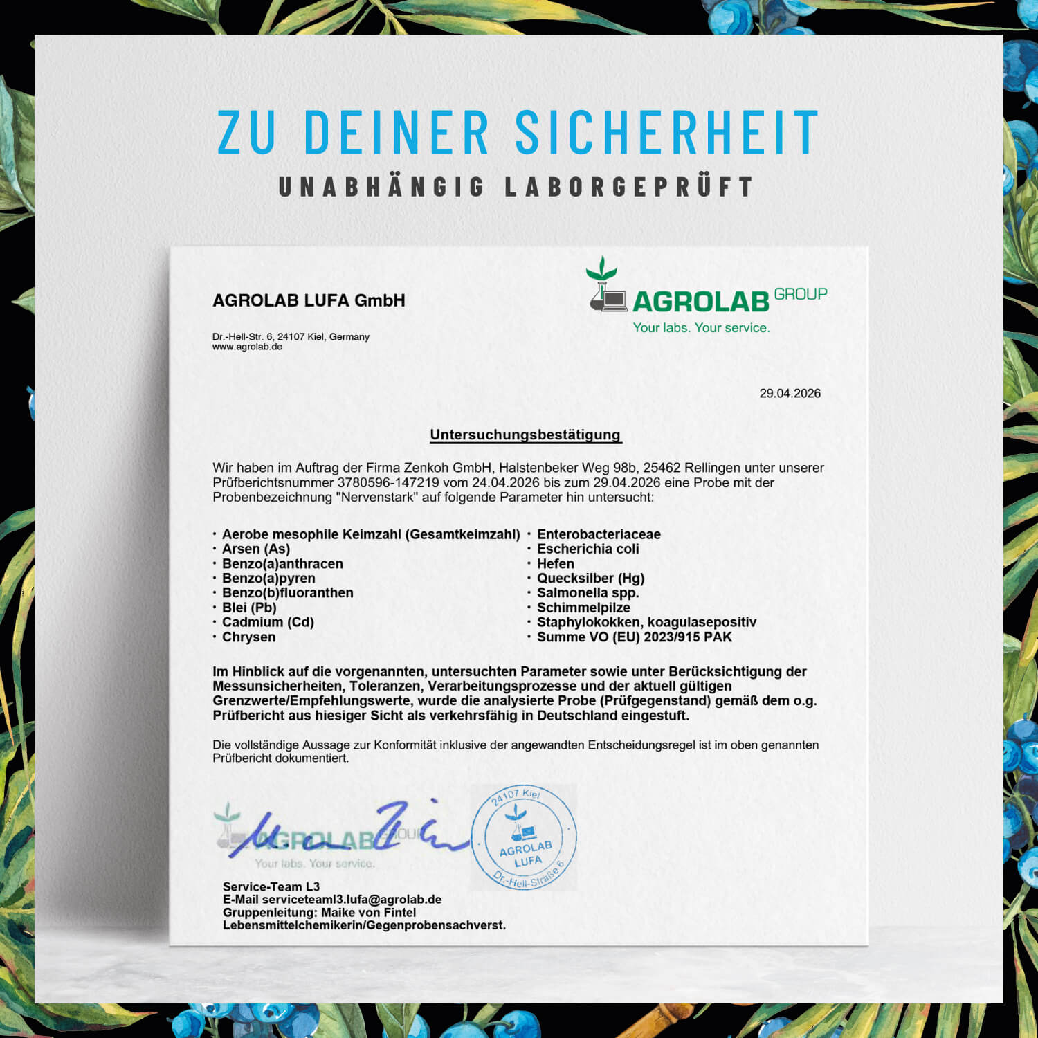 Laborzertifikat für NATURTREU Nervenstark – Qualitätsprüfung und Reinheit bestätigt.