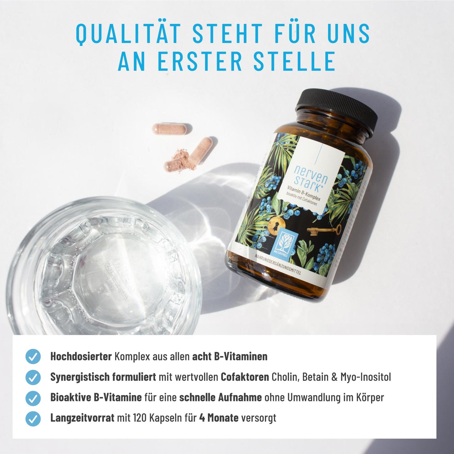 Qualitätsversprechen: NATRUTREU Nervenstark als hochdosierter Vitamin B Komplex aus allen 8 B Vitaminen.
