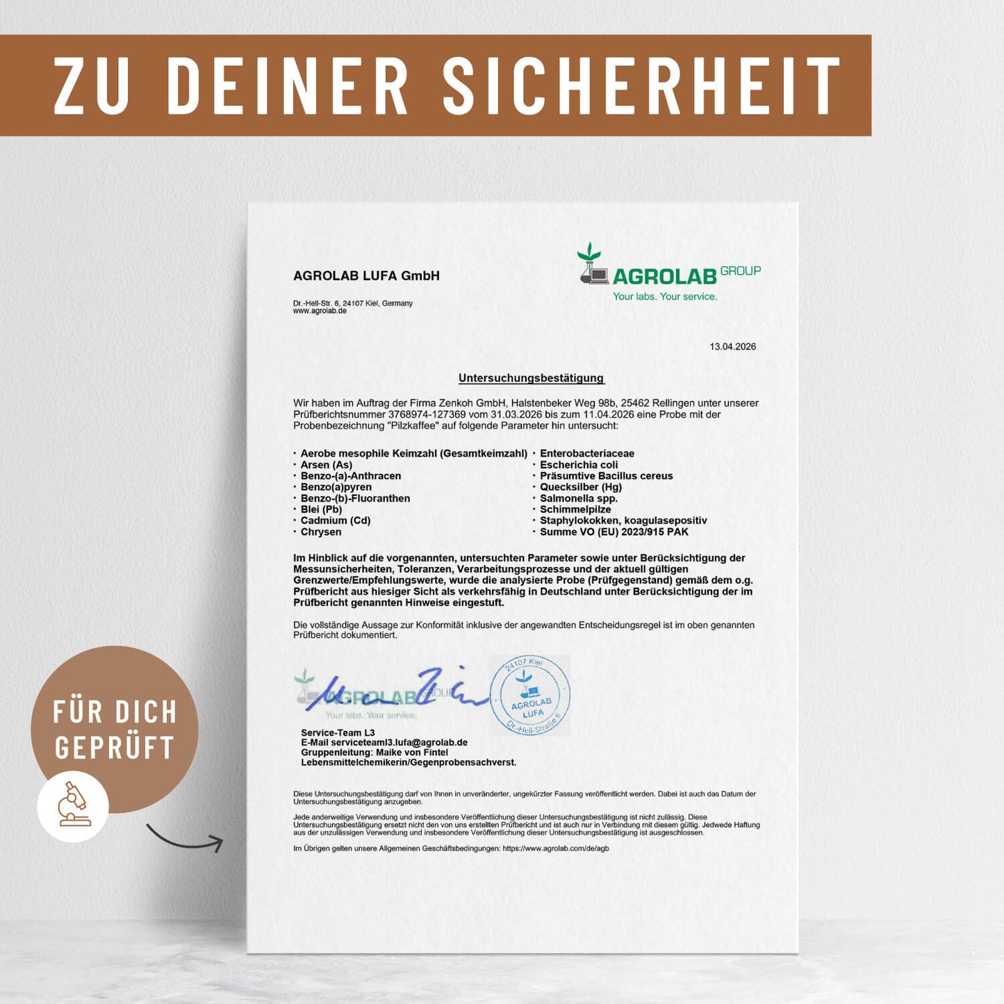 Pilzkaffee Kaffeegetraenkepulver Laborzertifikat