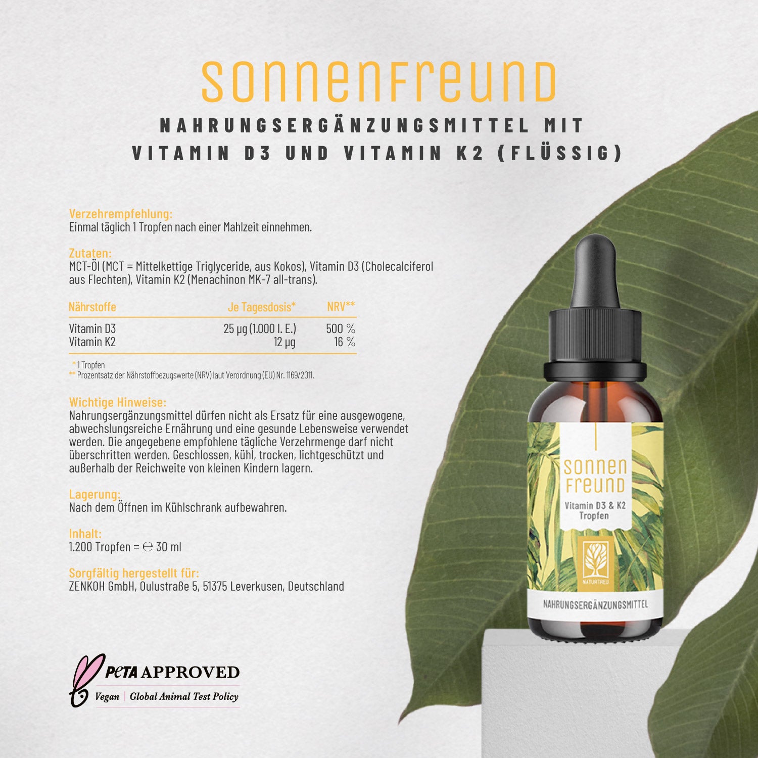 Etikett Sonnenfreund Vitamin D3 K2 Tropfen von NATURTREU: Nährwertangaben, Inhaltsstoffe + Verzehrempfehlung.