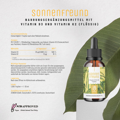 Etikett Sonnenfreund Vitamin D3 K2 Tropfen von NATURTREU: Nährwertangaben, Inhaltsstoffe + Verzehrempfehlung.