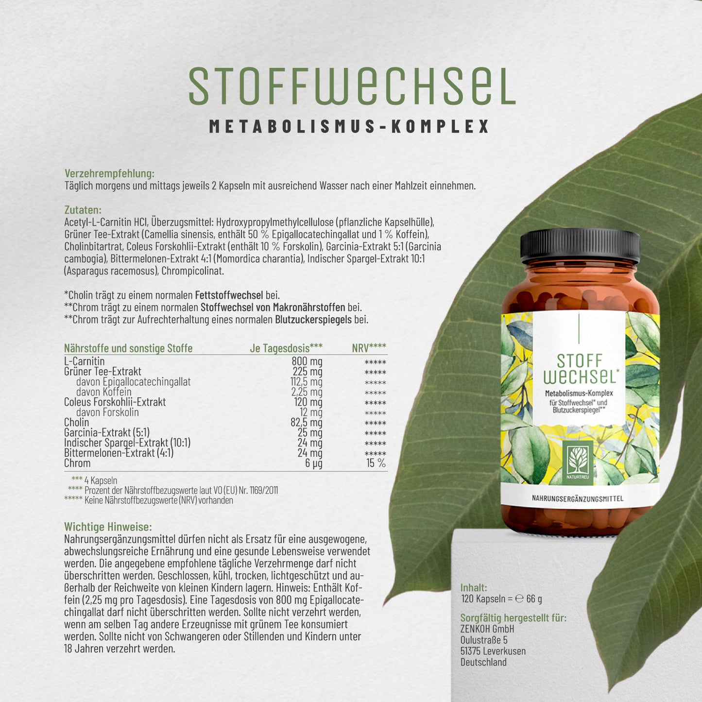 Stoffwechsel NATURTREU: Nährwertangaben, Inhaltsstoffe + Verzehrempfehlung.