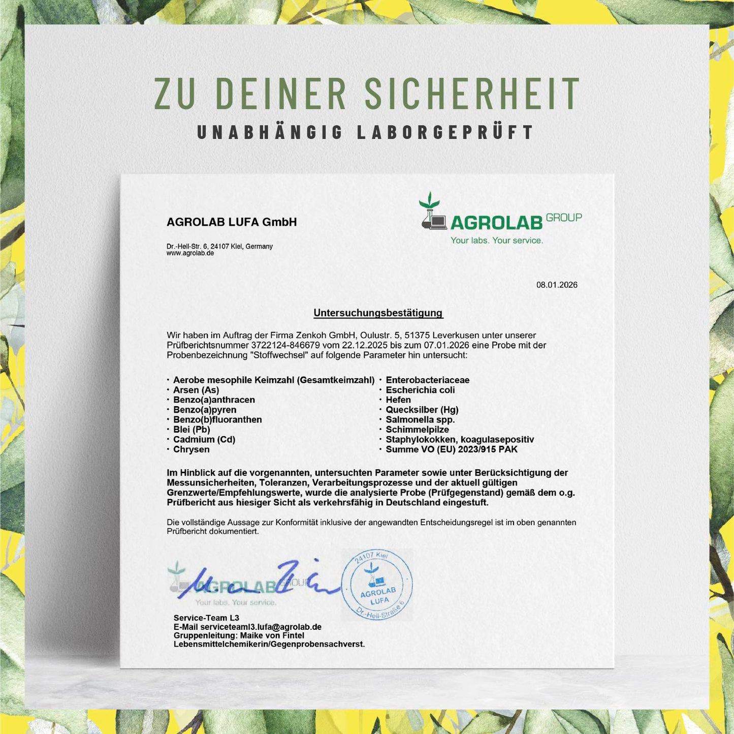 Laborzertifikat für NATURTREU Stoffwechsel – Qualitätsprüfung und Reinheit bestätigt.