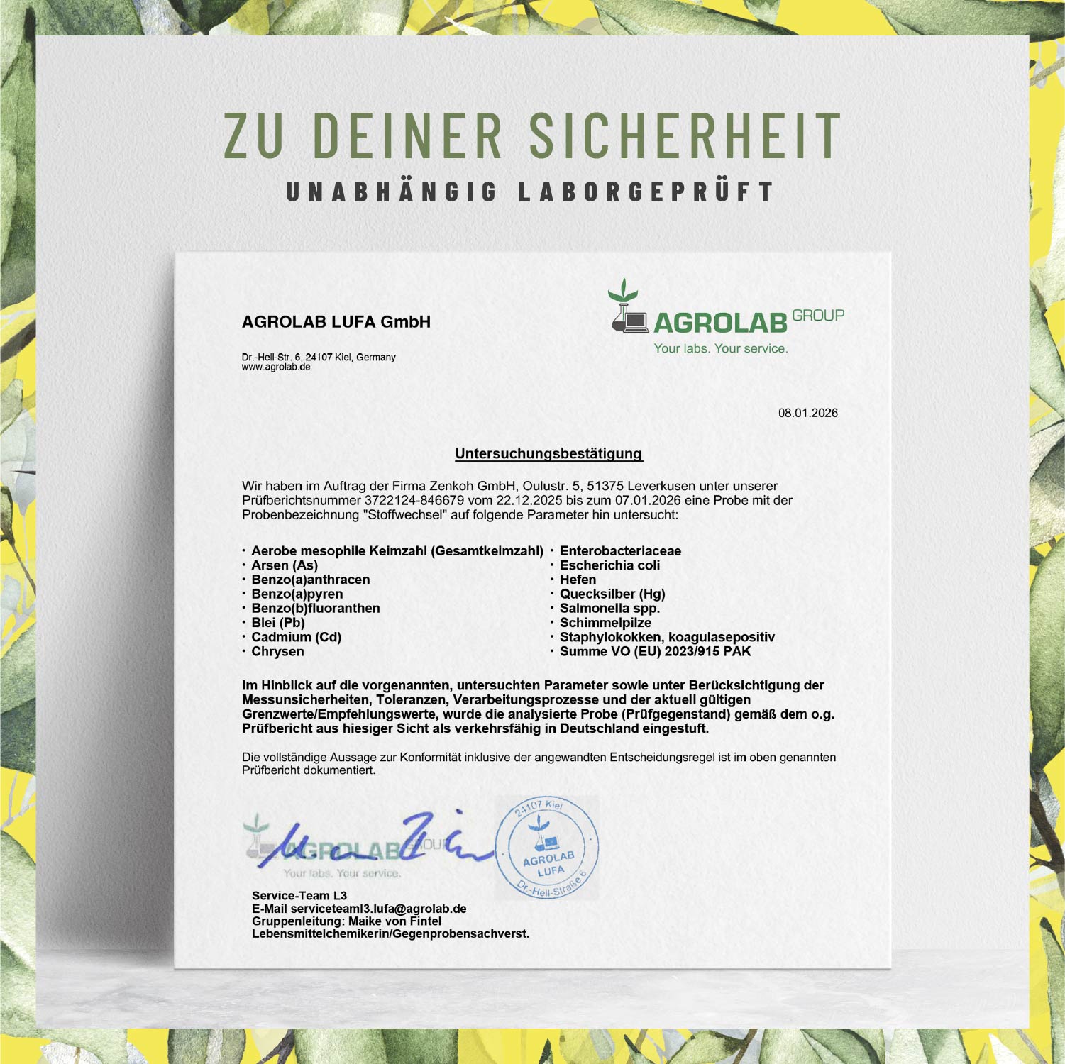 Laborzertifikat für NATURTREU Stoffwechsel – Qualitätsprüfung und Reinheit bestätigt.
