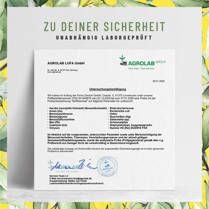 Laborzertifikat für NATURTREU Stoffwechsel – Qualitätsprüfung und Reinheit bestätigt.