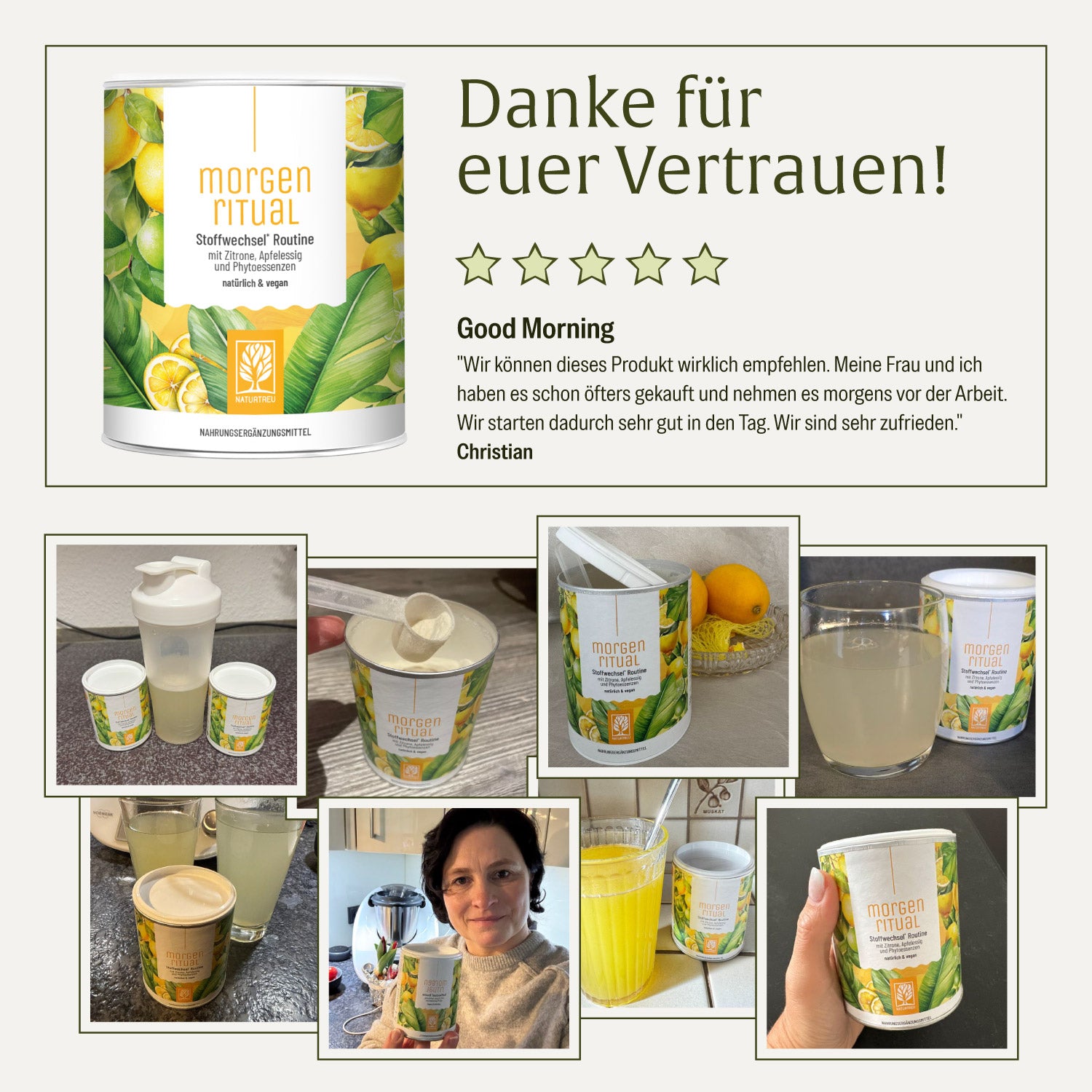 Zufriedene Kundinnen und Kunden mit NATURTREU Morgenritual Stoffwechsel Pulver.