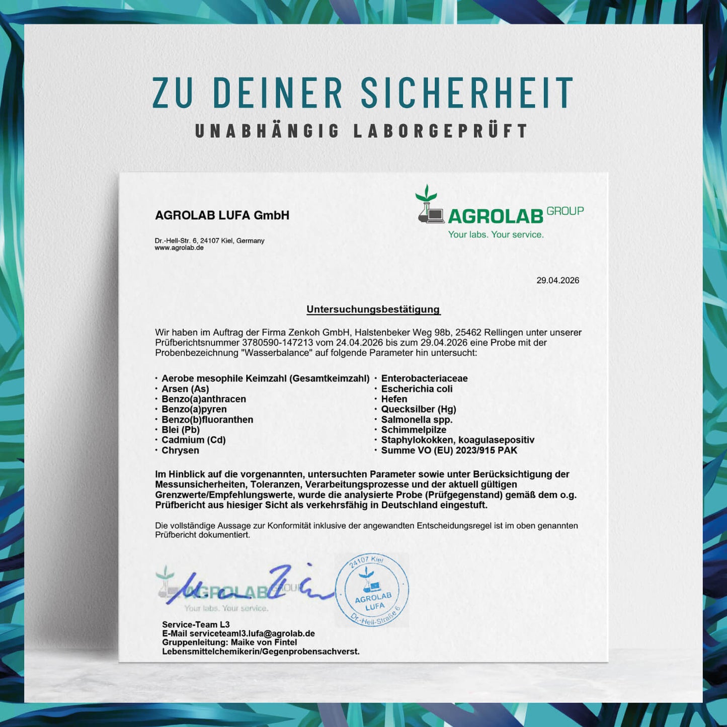 Laborzertifikat für NATURTREU Wasserbalance – Qualitätsprüfung und Reinheit bestätigt.