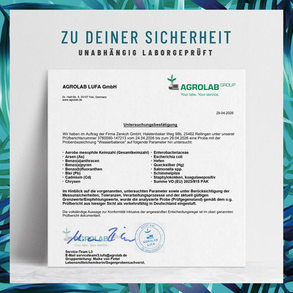 Laborzertifikat für NATURTREU Wasserbalance – Qualitätsprüfung und Reinheit bestätigt.