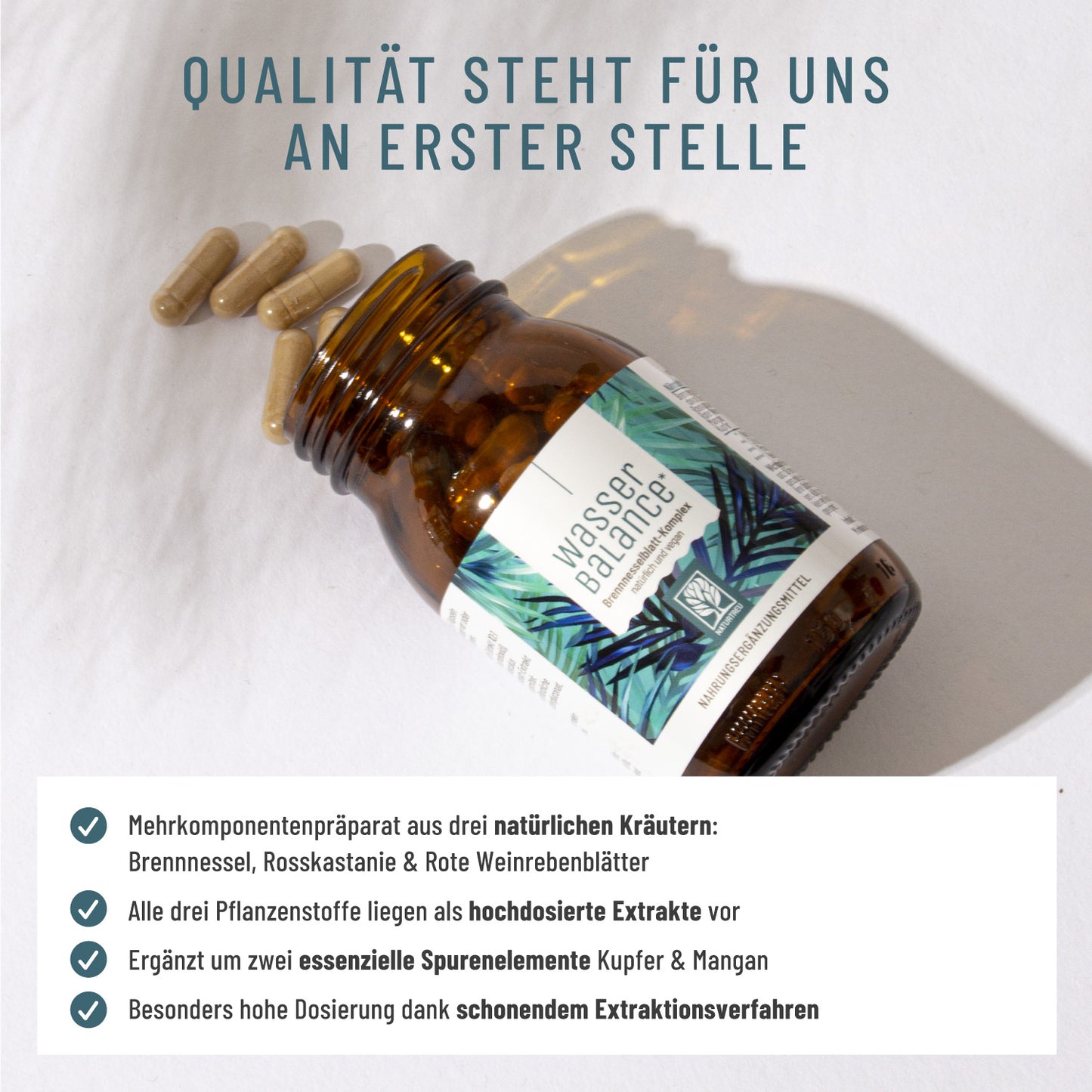 NATURTREU Wasserbalance Brennnessel Kapseln: Mehrkomponentenpräparat aus 3 natürlichen Kräuterextrakten.