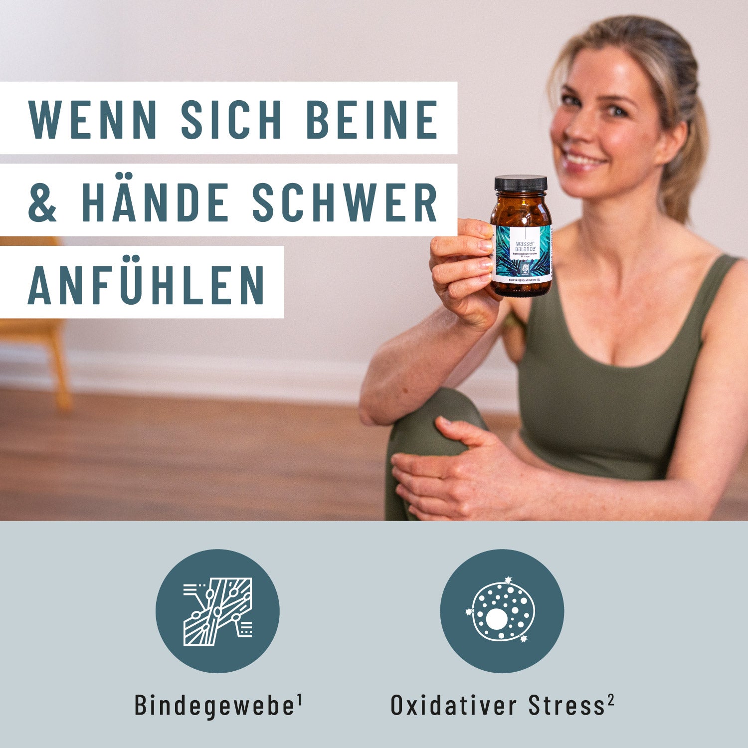 Grafik: NATURTREU Wasserbalance mit Kupfer und Mangan für das Bindegewebe bei schweren Händen und Beinen.